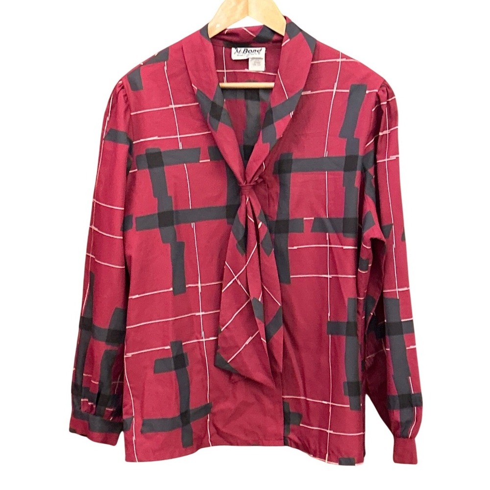 Vintage MG Bond Bow Blouse Red Black Geometric Secretary Retro Top L Work attire